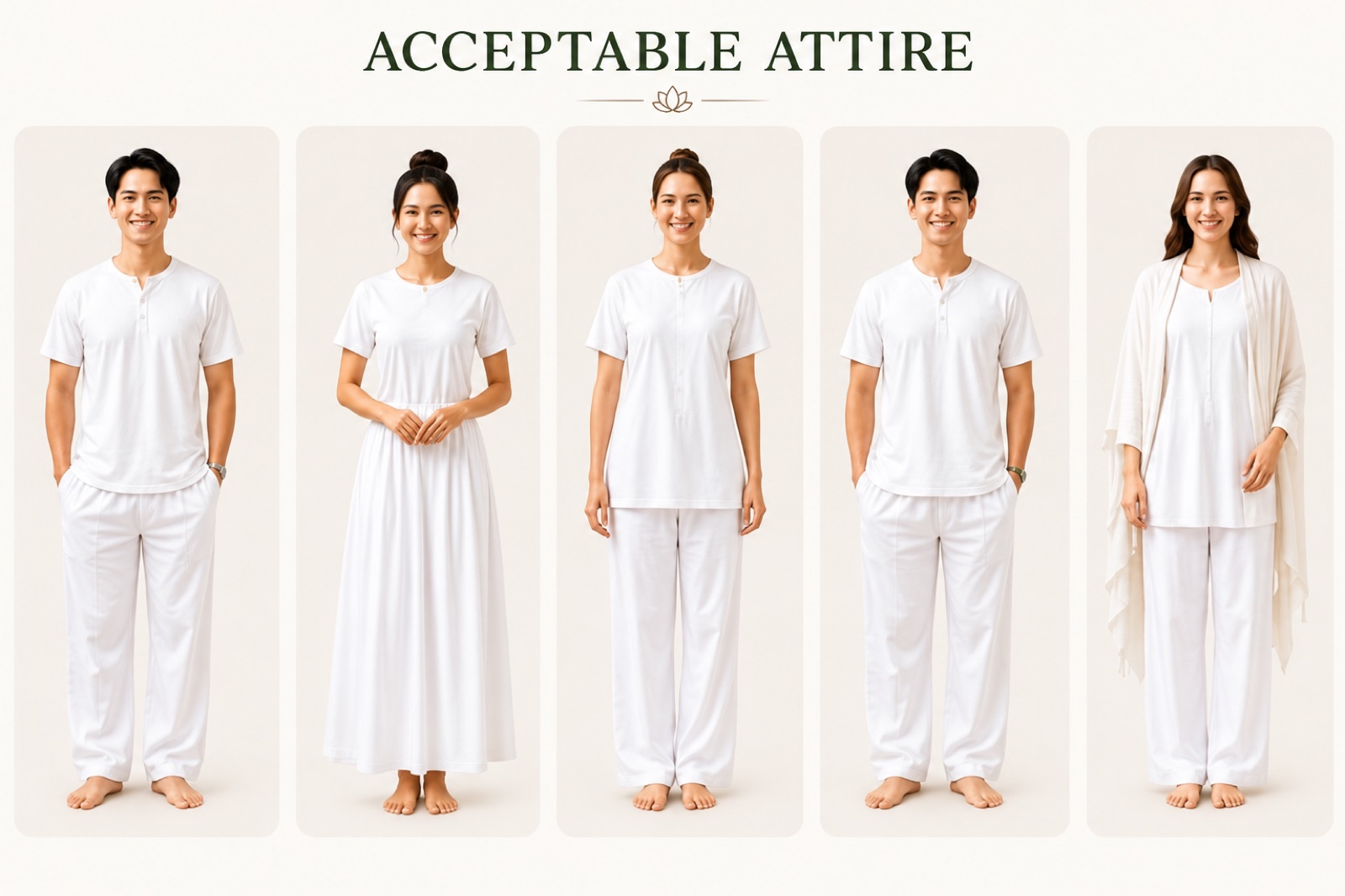 Illustration of five people in plain white clothing: short-sleeved tops with trousers or a long skirt, shoulders covered and legs covered to the ankle